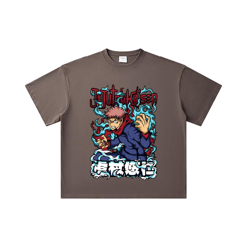 260 GSM Double Yarn 32 Count 100% Cotton Jujutsu Kaisen V50 Yuji Print Unisex Heavy Cotton T Shirt