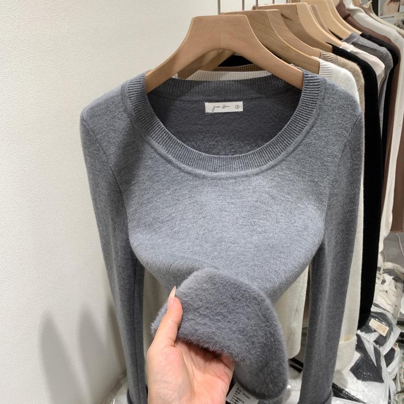 Korean European Style Women's Autumn/Winter Velvet Knit Round Neck Long Sleeve Base Layer, Unique 2025 Design.