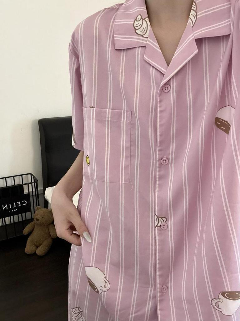 Pink striped premium pajamas women's summer short-sleeved shorts cardigan two-piece set girl lazy style loungewear