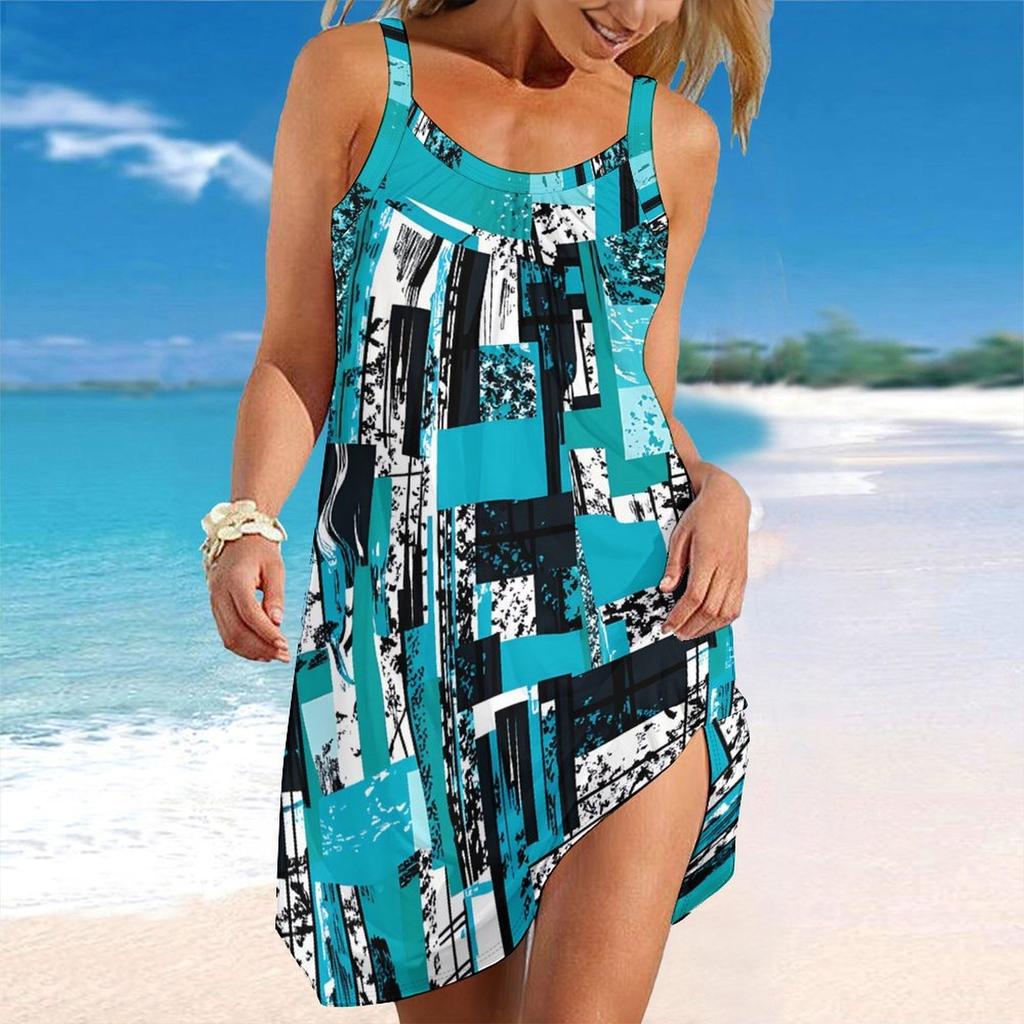 Women Plus Size Sleeveless Round Neck A Line Dress Interesting Mushroom Ladybug Print Loose Summer Leisure Short Dress