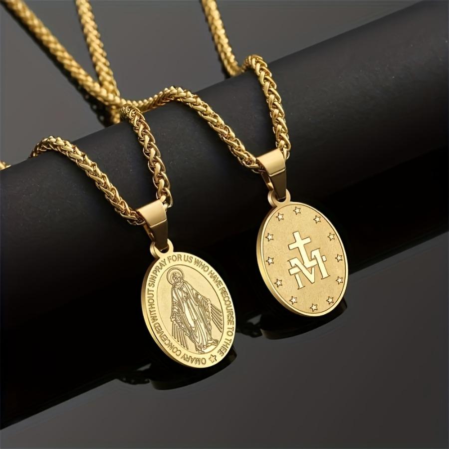 [Virgin Mary Necklace] Stainless Steel Virgin Mary Necklace with Cross Miracle Medal - 1pc Fashion Religious Gift Pendant, Unisex All-Season Accessory