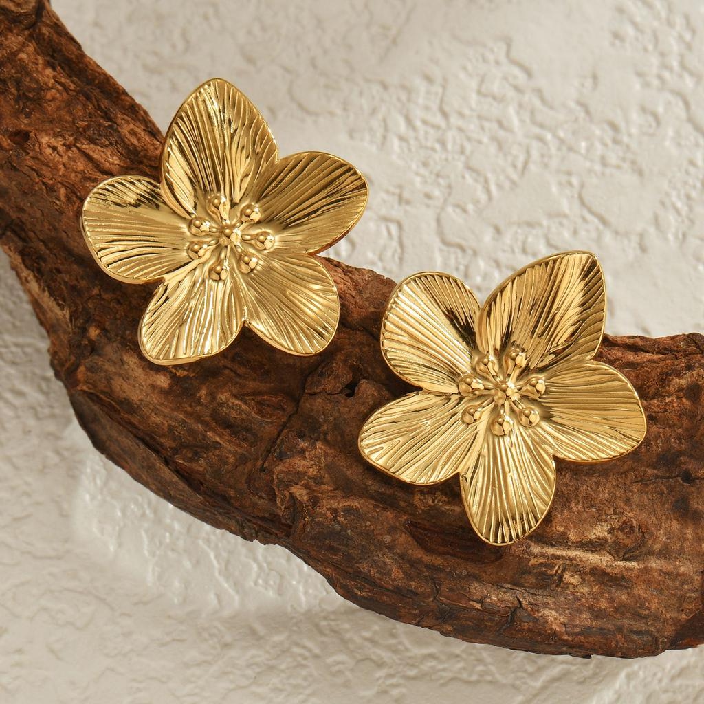 Trendiger Edelstahl Blume Stecker Ohrring Ring Anhänger 18K Vergoldet Hohe Qualität Statement Für Frauen Schmuckset Geschenke KTJ