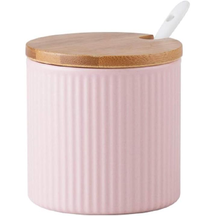 Ceramic Embossed Stripe Sugar Bowl Spice Jar Storage Seasoning Pot with Lid Spoon