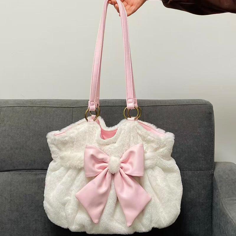 Vintage Y2k Gepunktete Schleife Schultertasche Japanische Süße Achseltasche Stilvolle Niedliche Lolita Handtasche Lässige Vielseitige Plüsch-Tragetasche