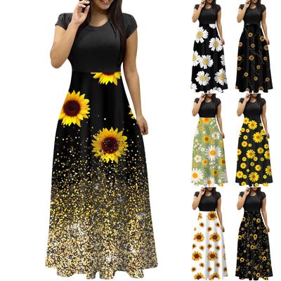 Damenmode Lässiger Druck Rundhals Kurzarm Übergroßes Maxikleid