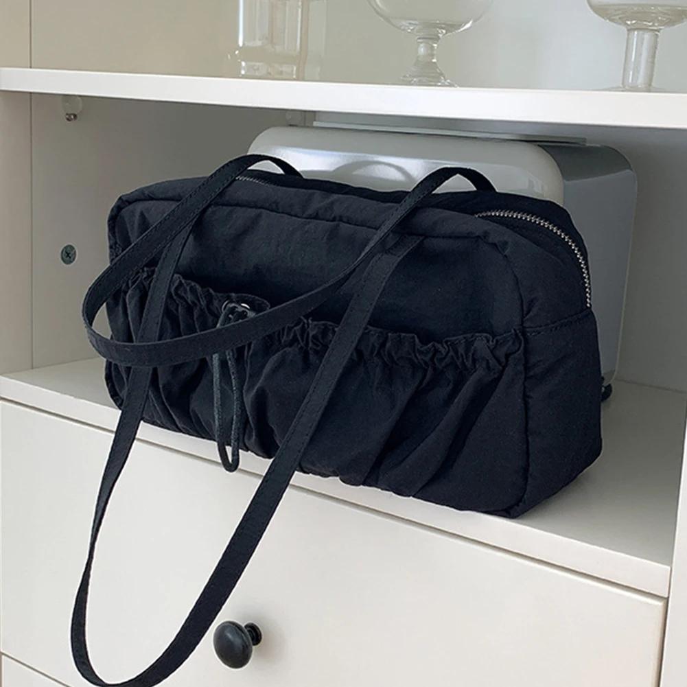 Women Pleated Shoulder Bag Multipurpose Drawstring Armpit Bag Casual Large Capacity Lightweight Slouchy Travel Bag