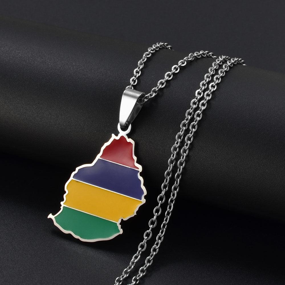 Anniyo Mauritius Map Flag Charm Pendant Necklaces for Women Men Mauritius Africa Stainless Steel Jewelry @298721 45cm or 17.7 Inches