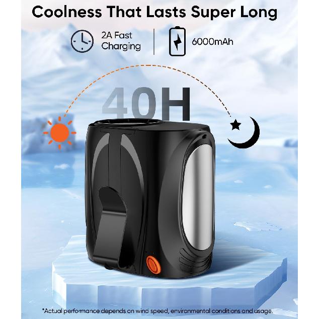 AI Portable Waist Fan, 6-Speed 16000RPM Strong Turbo Airflow, 40H Max Cooling Battery Powered Personal Fan Rechargeable, Hands-Free Shirt/Belt/Neck