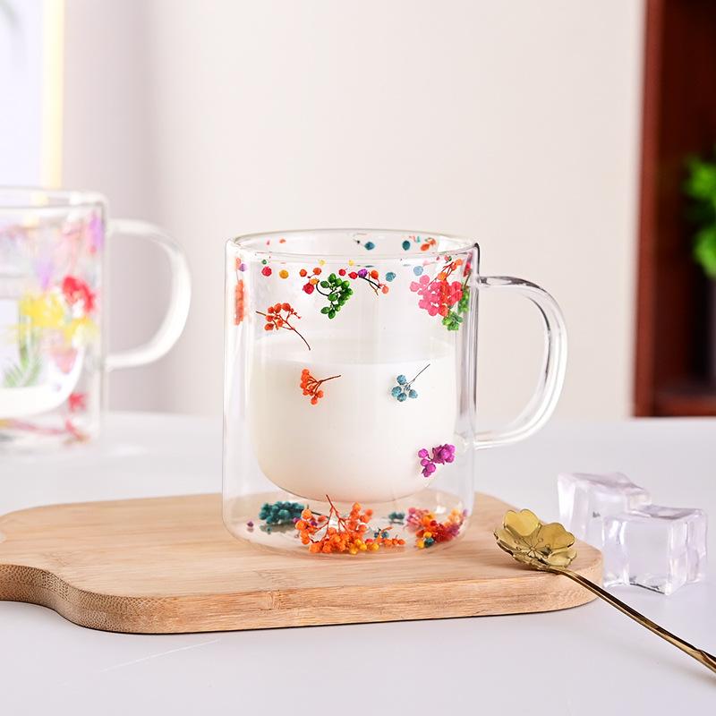 Export Double Cup Real Flower Dried Flower High Borosilicate Glass High Value Milk Cup Juice Cup Coffee Cup