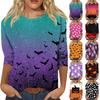 Women's Casual Three Quarter Sleeve Halloween Themed Ghost Print Round Neck Top Lightweight Comfortable Fit