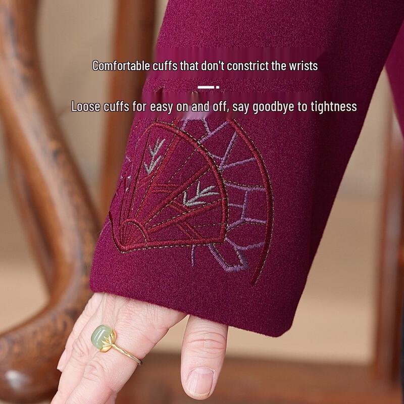 Tang Style Embroidered Floral Wool Jacket for Seniors