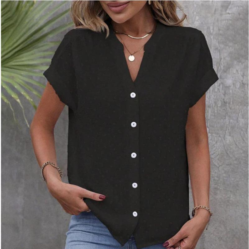 Summer Short Sleeve Office Loose Women Shirts Solid Color Jacquard V-Neck Buttons Fashion Woman's Blouse Elegant Casual Simple Tops Basic Clothing