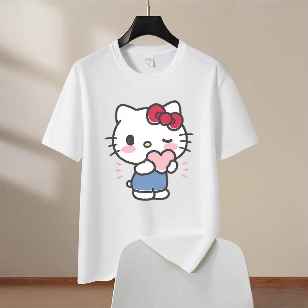 

2026 Cute Sanrio Hello Kitty Anime Printed Tee Short Sleeve Round Comfortable summer loosefitting Womens clothing S