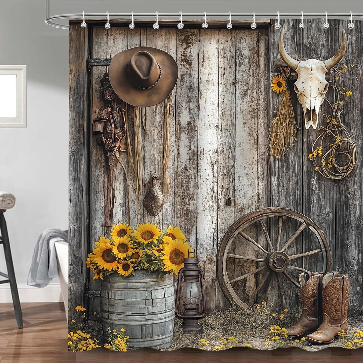 

Western Farmhouse Shower Curtain fo Bathroom, Barn Door Rustic Southwestern Cow Skull Floral Bath Curtains Set, Polyester Fabric 90x180cm