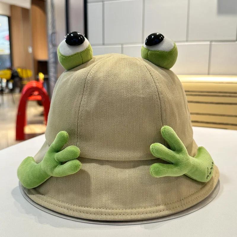 

2025 New Cute Big Eyes Frog Bucket Hats Outdoor Foldable Sun Fishing Cap Women Lady Summer Cotton Wild Panama Hats 56-58cm хакі