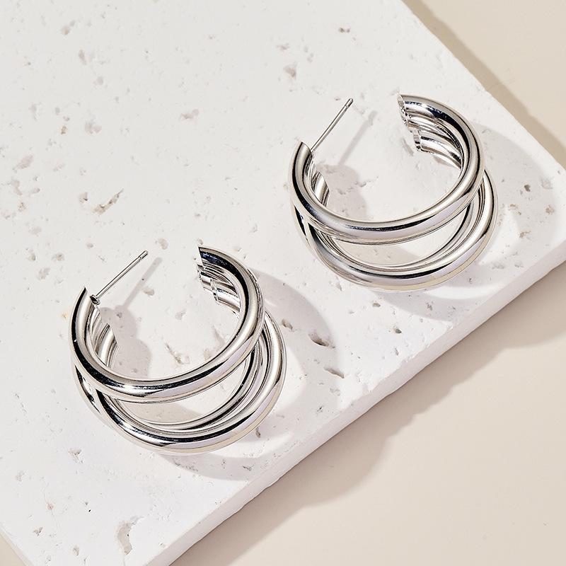 New silver silver needle hollow C-shaped multi-layer earrings personalized design earrings fashionable metal temperament earrings