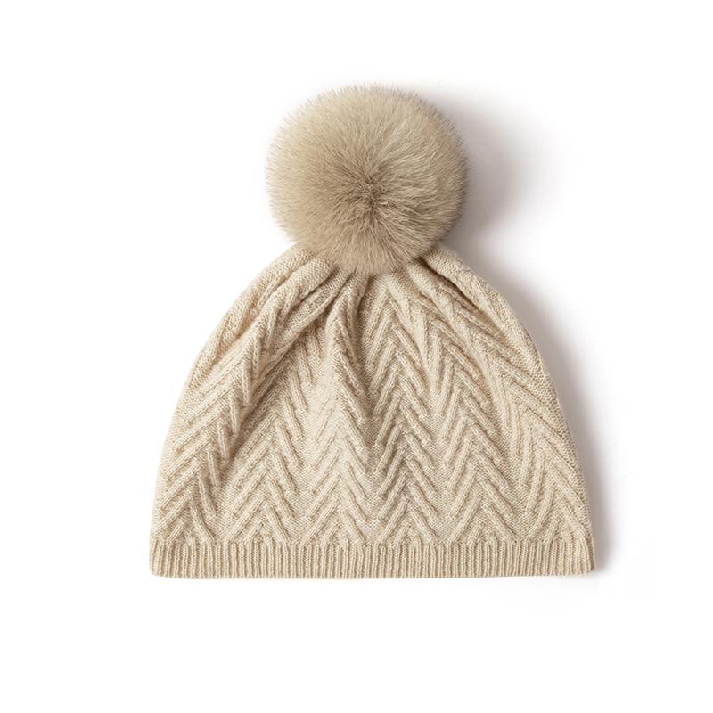

Women 100% Pure Cashmere Solid Color Beanie Hat Pom Pom Detail Knit Winter Warm Soft Slouchy Skullies Cold Weather Accessory бежевий