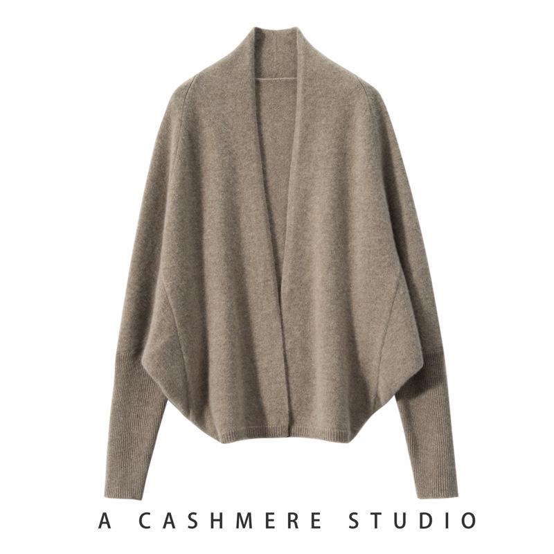 Women's Cashmere Cardigan with Batwing Sleeves: Loose, Slimming, Solid Color Knit Sweater