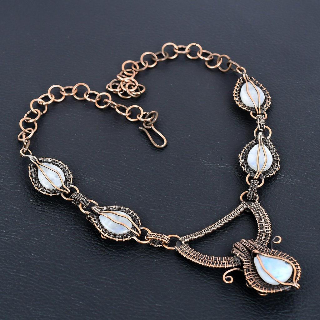 Rainbow Moonstone Necklace Gemstone Jewelry, 999 Copper Wire Wrapped Necklace, Adjustable Handmade Beautiful Jewelry Chain Necklace