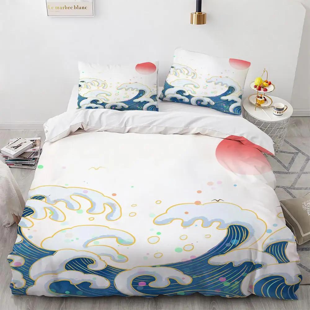 Comforter Wave Hokusai Pattern Japanese Ukiyoe Oriental Sketch Style Ocean Queen Twin Polyester Bedding Set
