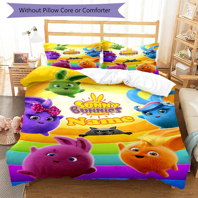 3pcs Custom Name Sunny Bunnies Bedding Set Duvet Cover Closure Includes 1 Duvet Cover & 2 Pillowcases, Soft and Comfortable for All Seasons.