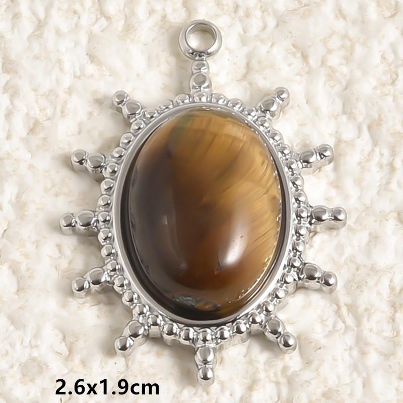 2pcs Vintage Tiger Eye Pendant Sun Oval Round Silver Color Stainless Steel Charms For Jewelry Making Supplies Real Natural Stone