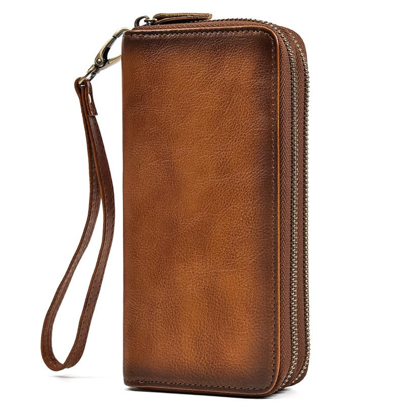 Men'S Crazy Horse Leather Long Wallet Genuine Leather Double Zipper Wallet Multi-Card Cowhide Clutch Bag Large Capacity Mobile Phone Bag