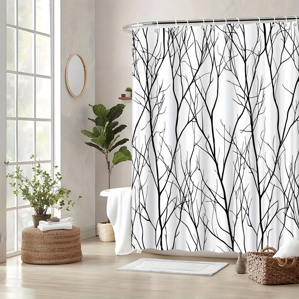 1 black and white branch pattern shower curtain, made of durable polyester, available in multiple sizes, easy care, with hooks