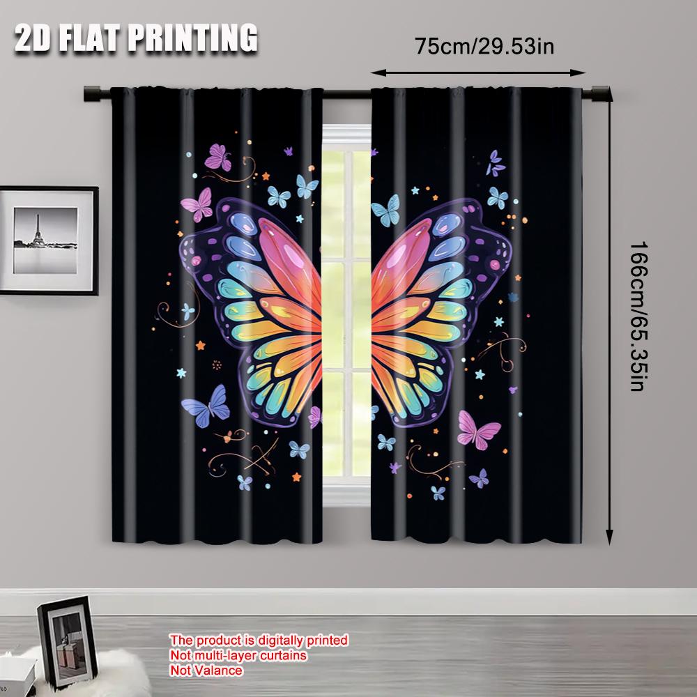 2pcs   2D Flat Printing Party Curtain Color Butterfly 100% Polyester  Without Electricity Holiday Decorations Use for Bedroom and