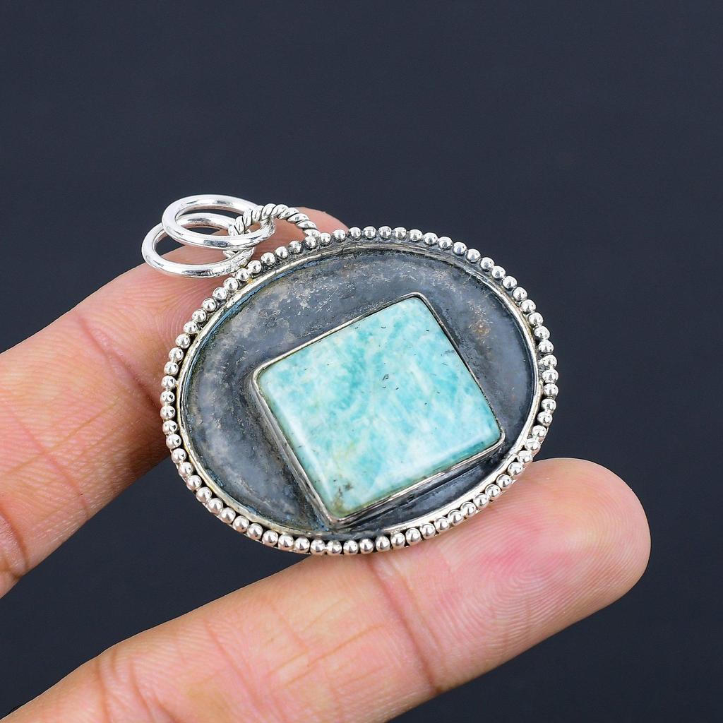 Halloween Sale 925 Silver Natural Amazonite Engagement Heart Chakra Boho Pendant