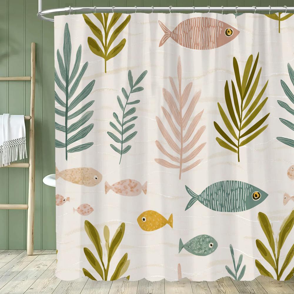 Cute Cartoon Ocean, Starfish, Shells Dolphin Printed Shower Curtain With Hooks, Bathroom Curtain, Bathroom Decor Window Curtain