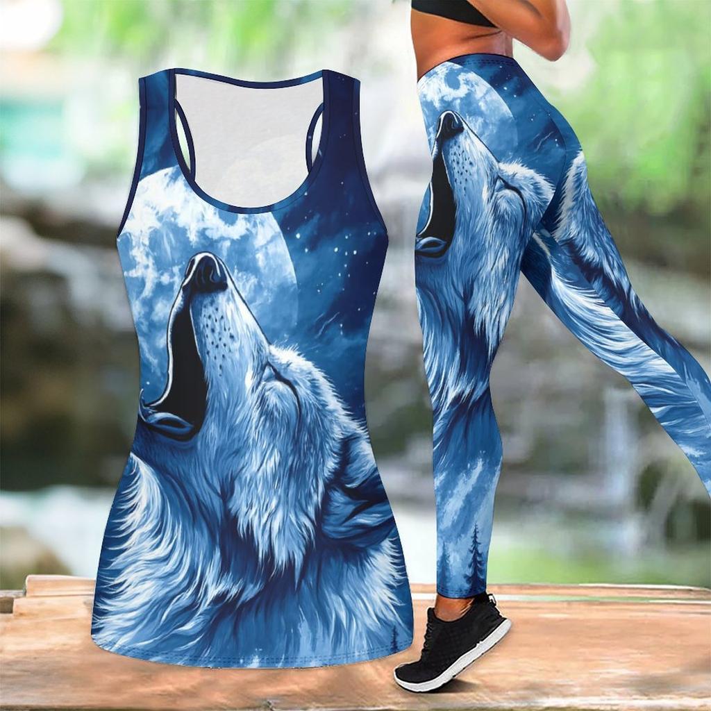 Wild Wolf Pattern Print Yoga Outfit for Women Fashion Workout Leggings Fitness Sports Casual Yoga Set Sports Suit