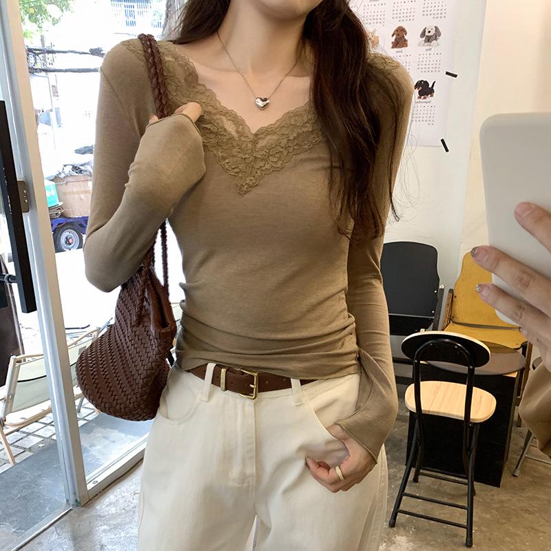 Spicy Girl Black Lace Patchwork V-neck Slimming Long Sleeve Top for Women