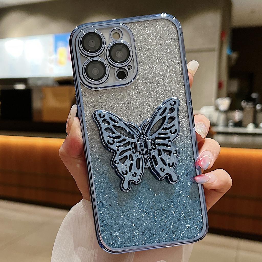 Butterfly Stand Is Suitable for IPhone16, 15promax, with Gradient Glitter, Lens Film, 14 Electroplating and Anti-drop