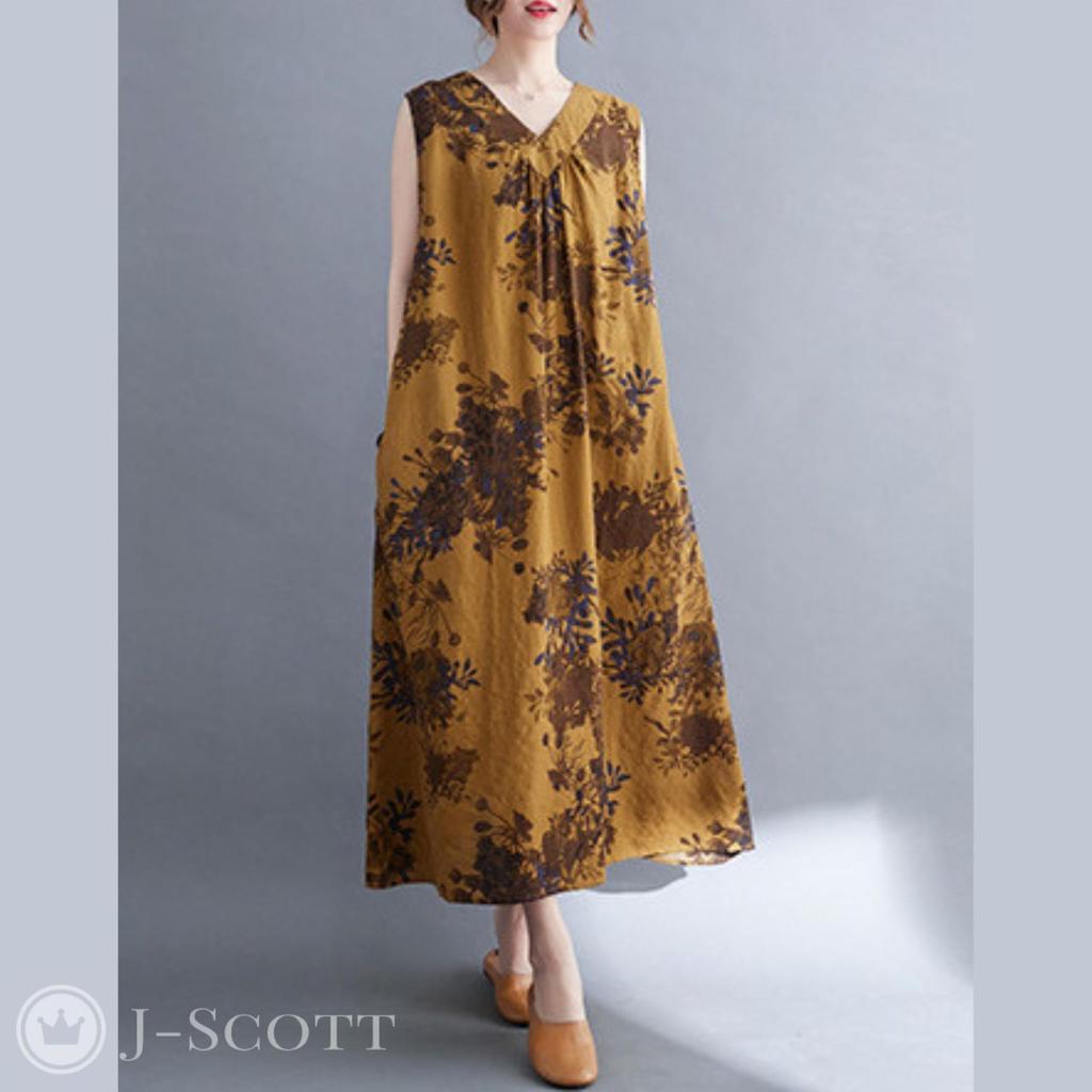 J-Scott Long Dress, Floral Print, A-Line Silhouette, 2-Way, Loose Fit, Brown, JS07-BR-2XL (Limited Stock)