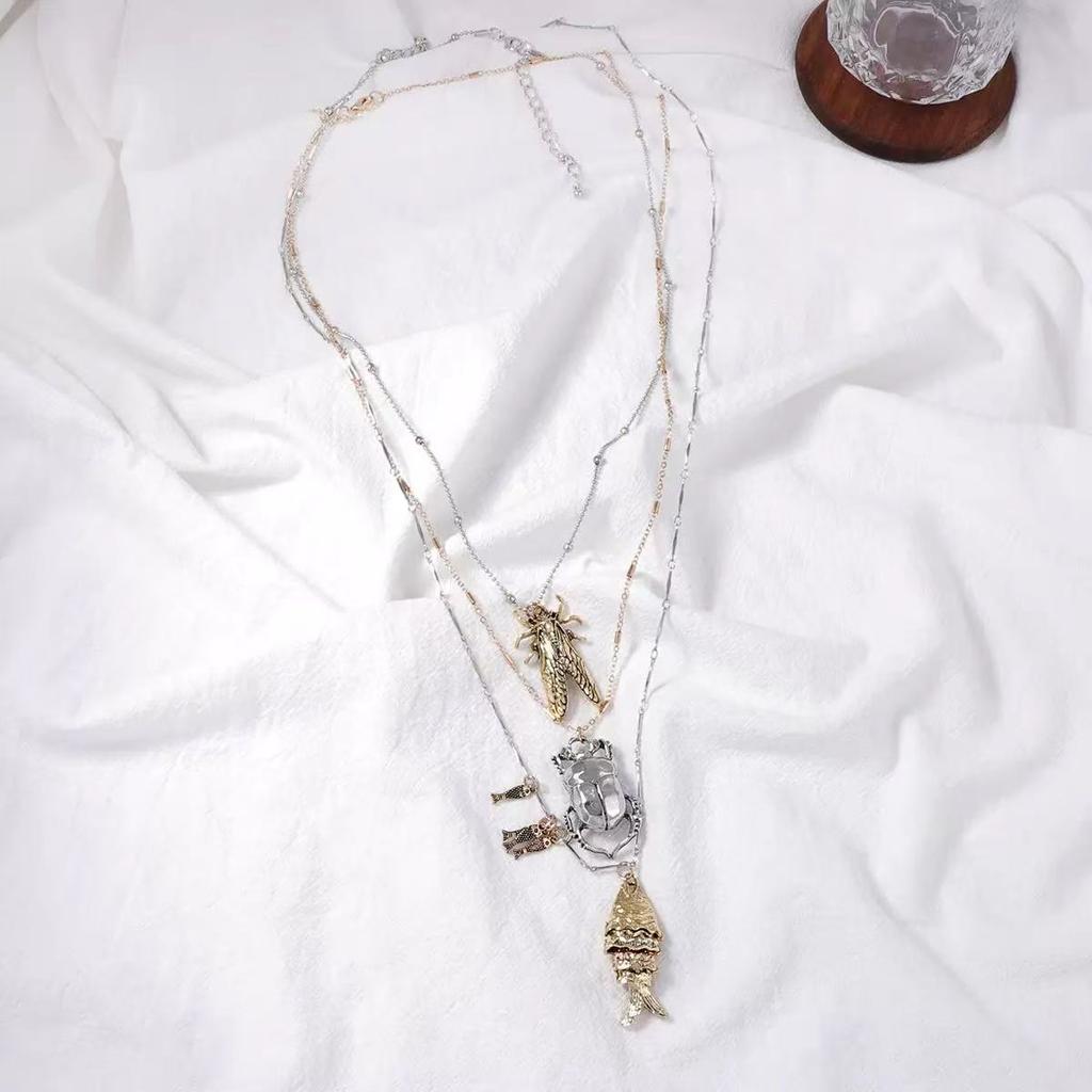 ZZAA Personalized Trendy Insect Beetle Knows Fish Pendant Multi Layer Necklace
