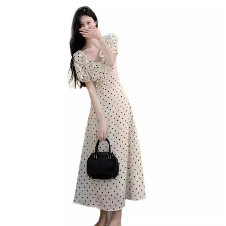 French lace-up bubble sleeve polka dot dress women's summer new ruffle edge waist thin chic temperament long dress