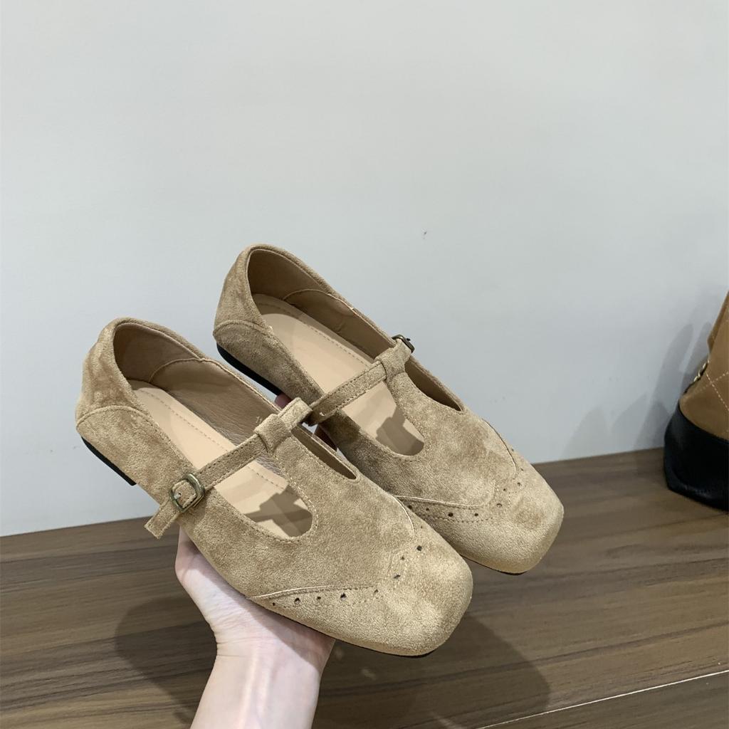 Retro suede Mary Jane single shoes women's shoes 2025 new autumn French versatile flat black small leather shoes