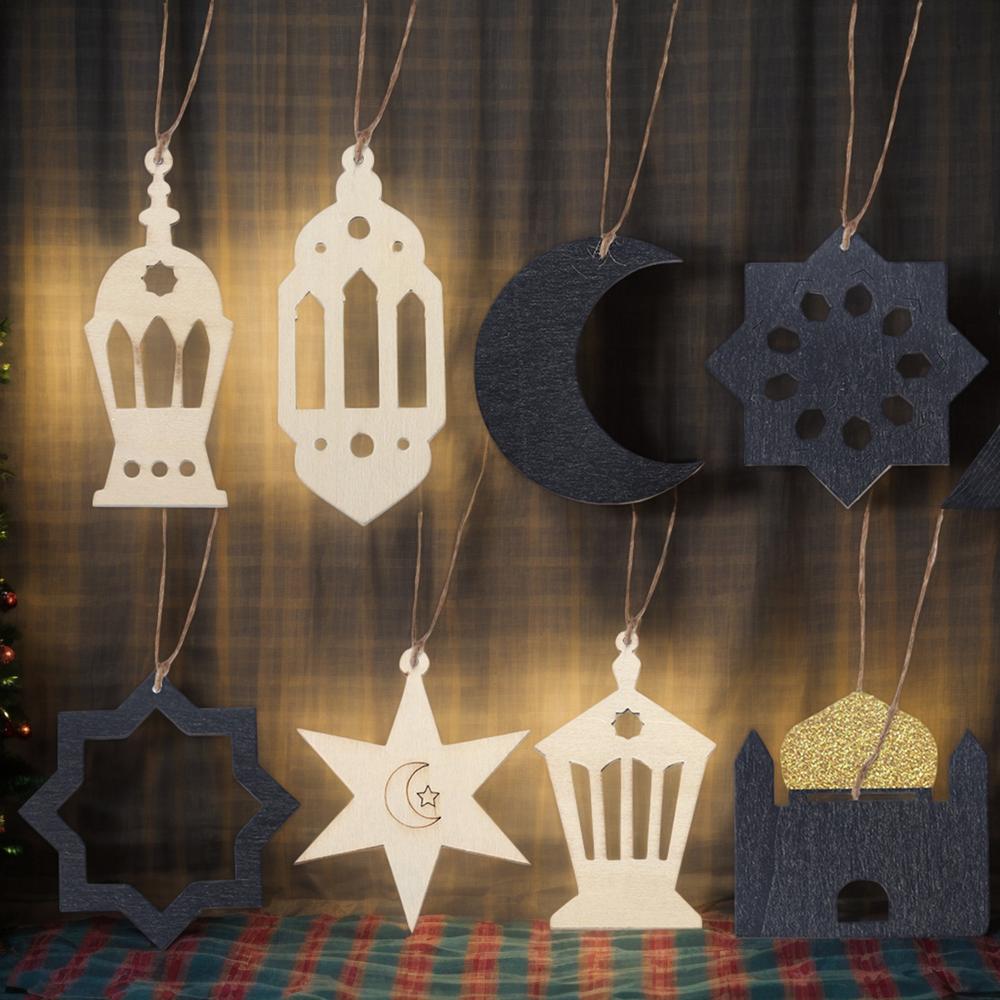 Eid Tree Ornaments Eid Ornaments Wall Decor 8X Holiday Pendant Door Signs Moon Star Castle Window Ornaments Wooden Home Decor