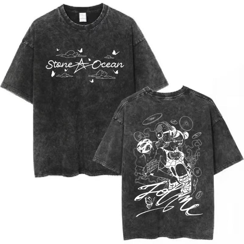 T-shirt Vintage Lavata Anime Le Bizzarre Avventure di JoJo Stone Ocean Kujo Jolyne T-shirt Manga da Uomo Cotone Casual Comfort T-shirt