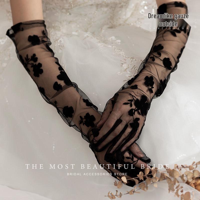 Elegant Thin Black Lace Bridal Evening Gloves with Floral Mesh Design