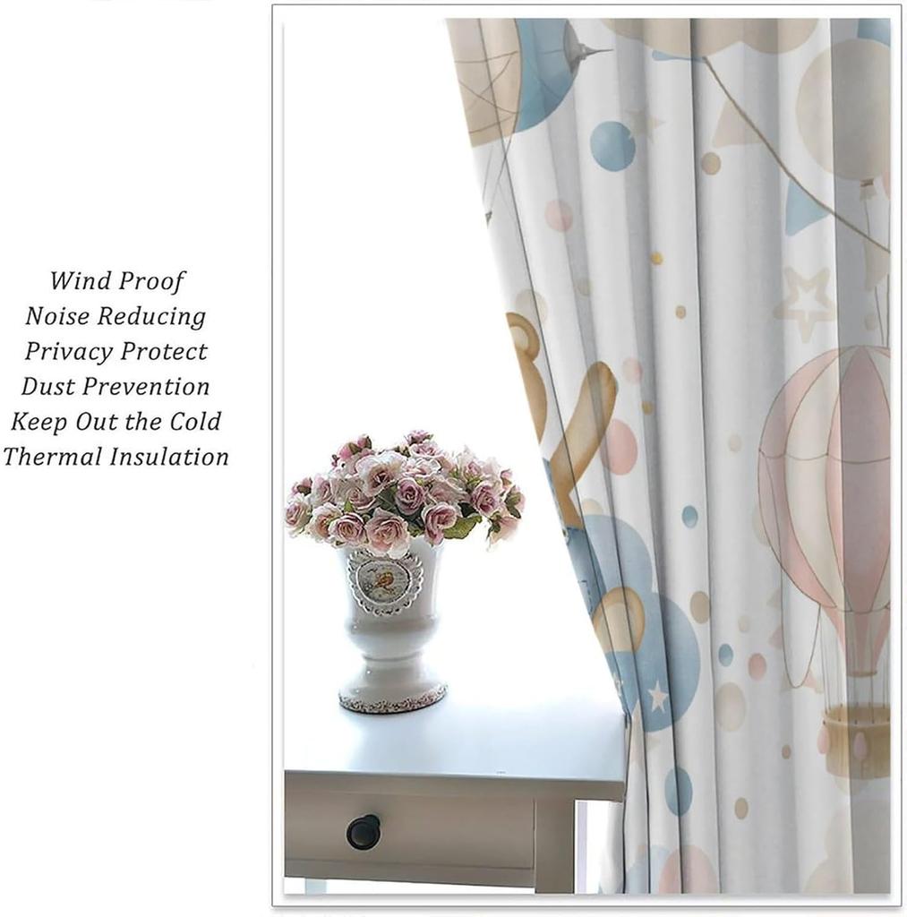 Cartoon Blue Bear Curta For Boys,Watercolor Little Cute Animal Aircrafts Hot Air Balloons Rainbow Window Drapes For Baby Boys