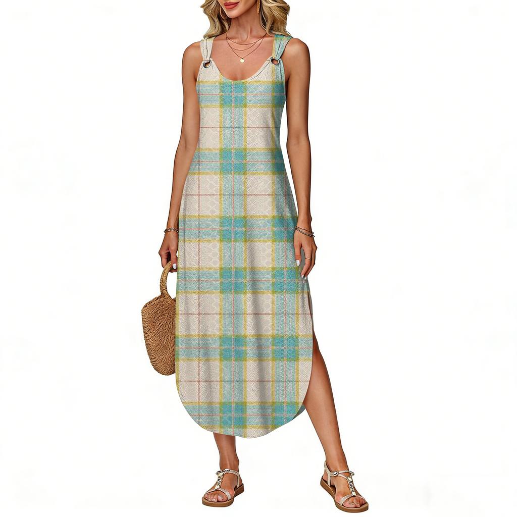 Women's Summer Long Dress, Sleeveless with Side Slits, Long Plaid Printed Vest Dress