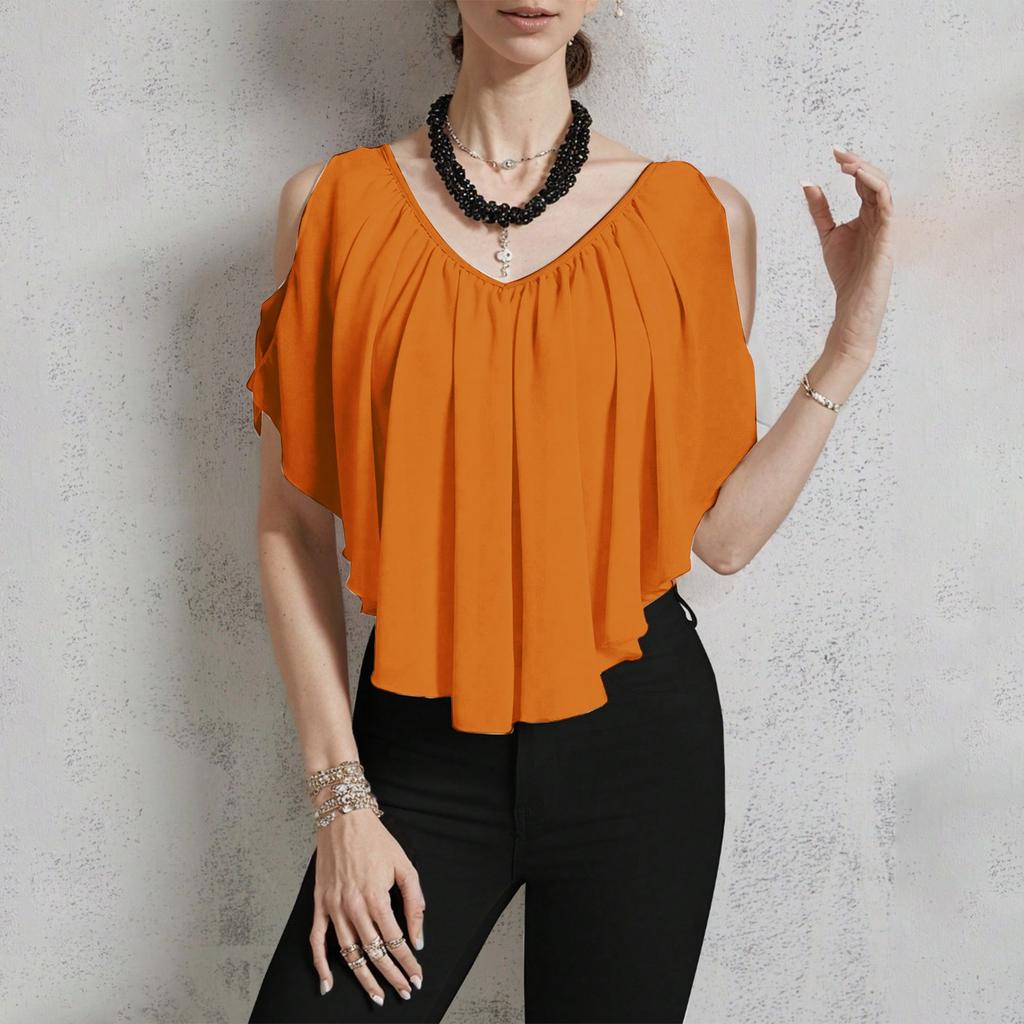Women's Casual V-neck Off-shoulder Color T-shirt