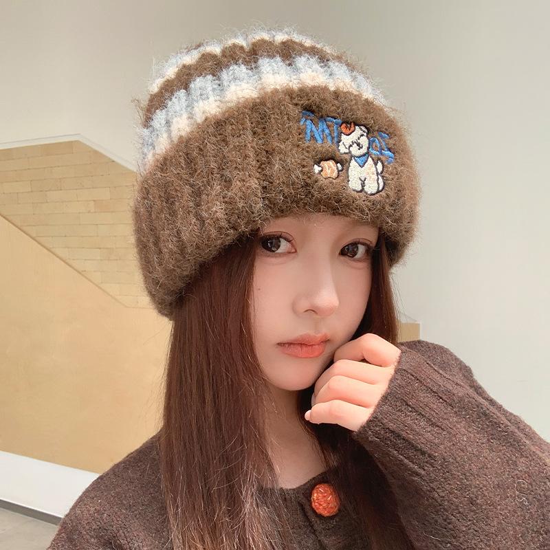 Vintage Striped Knitted Hat Puppy Embroidered Wool Hat Soft Waxy Plush Autumn and Winter Hat Women's Versatile