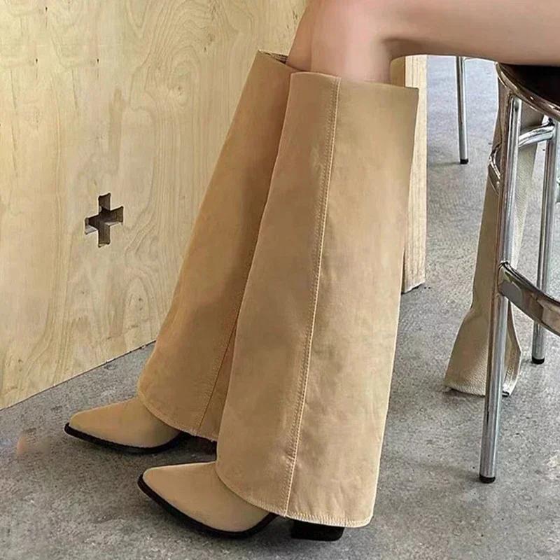 Kniehohe Stiefel mit hohen Absätzen Damenstiefel Leder Klobige Modeschuhe Spitzschuh Schnee Lange Stiefel Neue Designerpumps