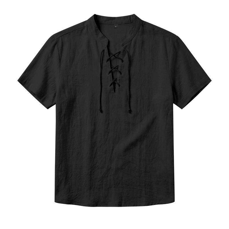Men's Linen‑Blend Lace‑Up Stand‑Collar Shirt, Crisscross Tie Front V‑Neck, Short Sleeve, Breathable Relaxed‑Fit Medieval Renaissance Casual Summer Top