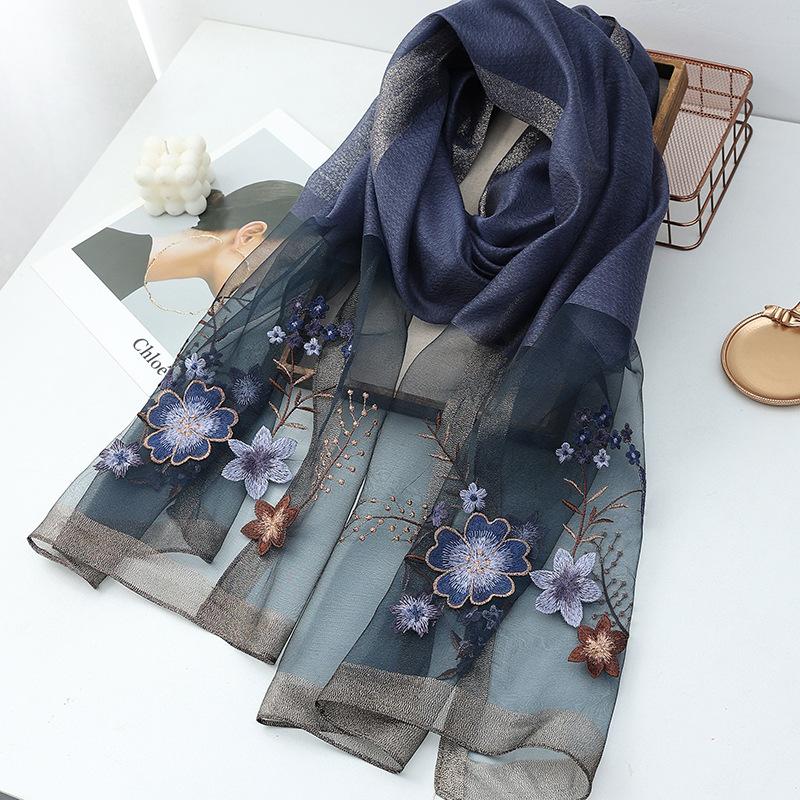 Four Season silk wool scarf women hijab pashmina shawls wrap Bandana Blanket Floral Pashmina Embroidery Scarves Foulard Fashion