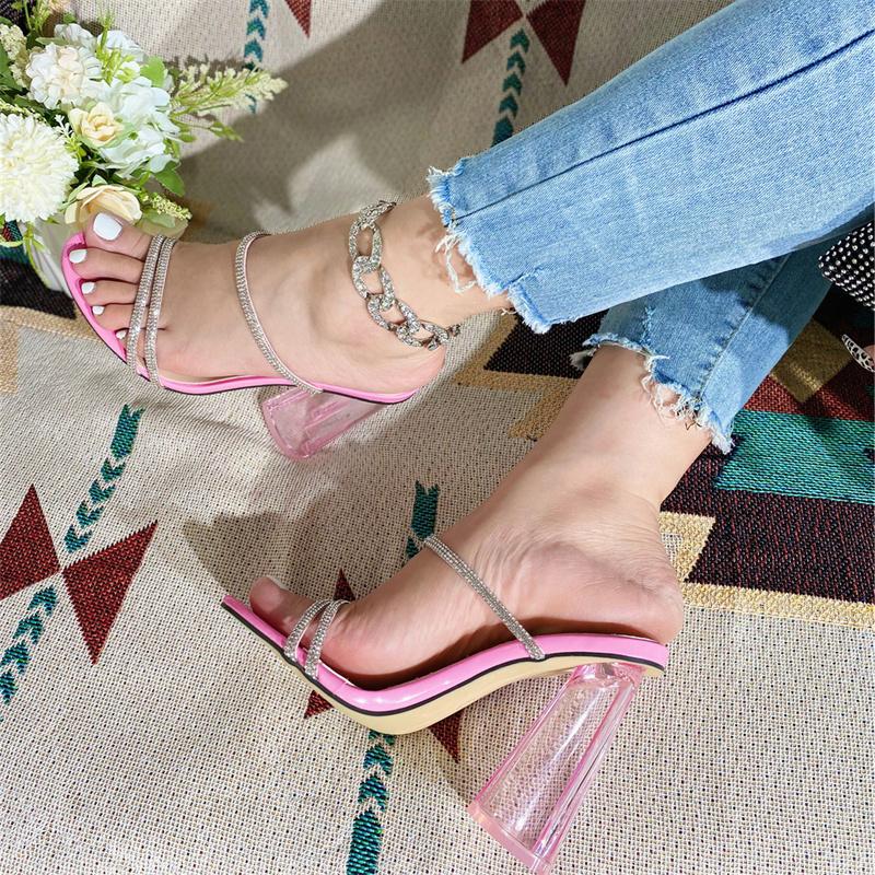 Liyke Summer Fashion Crystal Rhinestone Women Slippers Outdoor Party Open Toe Transparent High Heels Sandals Female Shoes Pumps