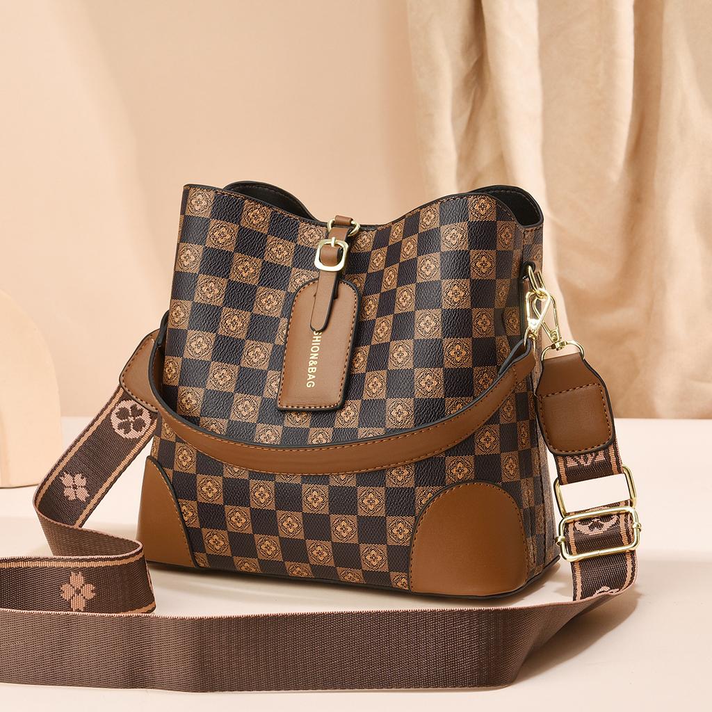 Taizhou Women's Bags Retro Women's Bags Plaid Bucket Bags Large Capacity Shoulder Bags Messenger Bags
